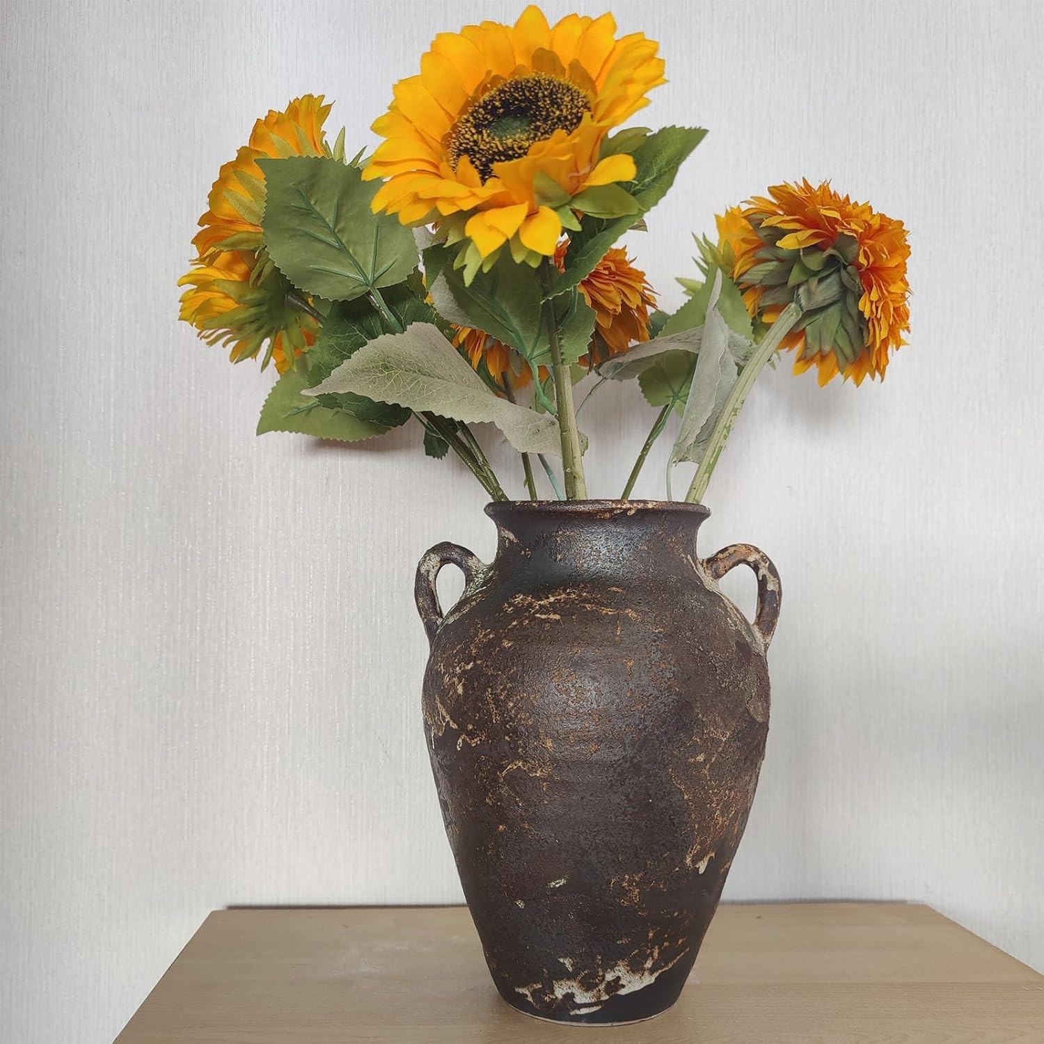 Pottery Vase - Vintage Rustic Vase, 10" Farmhouse Weathered Terracotta Vase, Handmade Black Clay ... | Amazon (US)