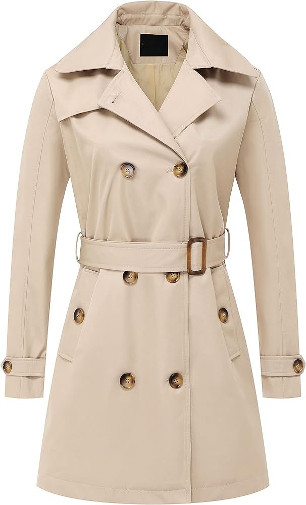 Women's Double Breasted Trench Coats Mid-Length Belted Overcoat Long Dress Jacket with Detachable Ho | Amazon (US)