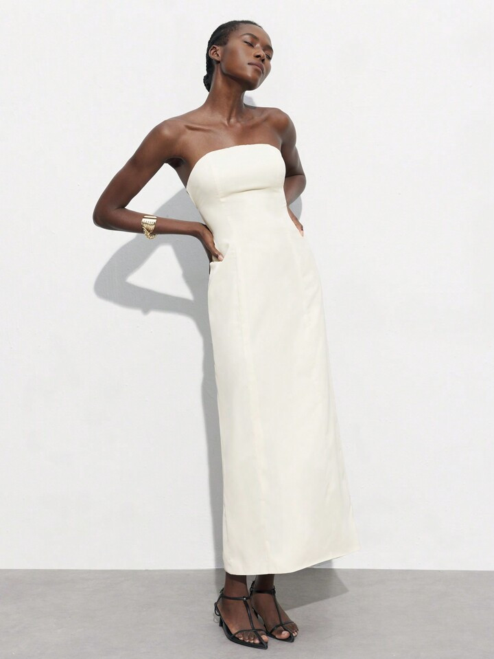 Maija Vestido Bandeaux Branco-Creme de Estilo Francês Semiformal, Cor Sólida, Minimalista, Eleg... | SHEIN