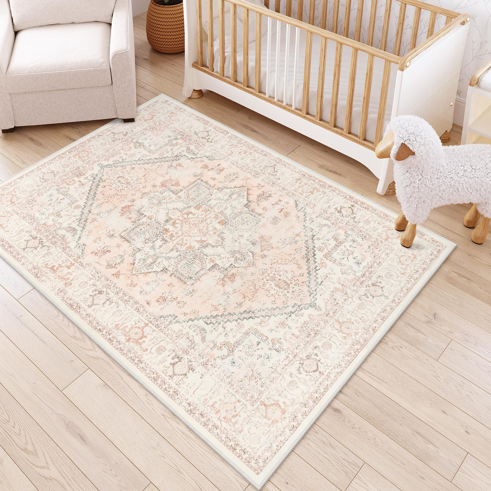 LIVEBOX Pink Area Rug 5x7 - Large Oriental Floral Living Room Rug Vintage Non-Slip Indoor Rug Aes... | Amazon (US)
