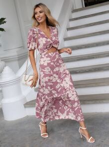 Floral Print Twist Front Cut Out Ruffle Hem Dress SKU: sw2211148558152625(18 Reviews)$19.49$18.52... | SHEIN