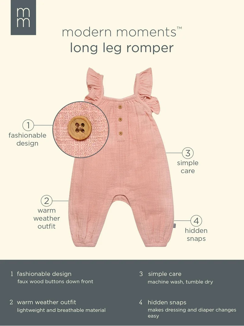 Modern Moments by Gerber Baby Girl Long Leg Romper, Sizes 0/3 Months - 24 Months | Walmart (US)