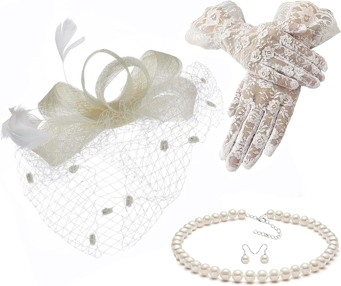 Gionforsy Pillbox Fascinator Veil Feather Derby Hat Lace Gloves Pearl Necklace | Amazon (US)