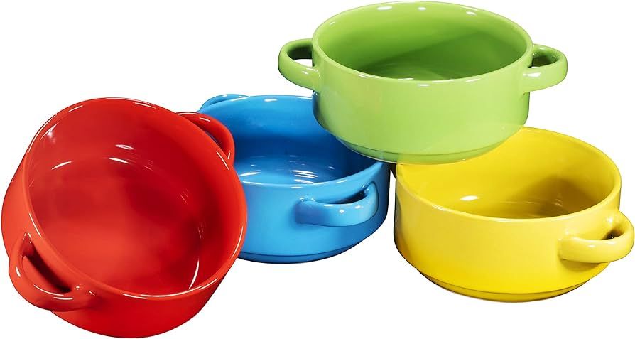 Bruntmor 19 Oz Ceramic Soup Bowl With Handles Set of 4, 19 Ounces Large Ceramic Multi Color French Onion Soup Crocks For Kitchen, Side Dish, Cereal Bowl Set Or Christmas Table Decoration | Amazon (US)