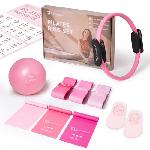 LIONSCOOL Pilates Ring Set – 14" Anti-Deformation Magic Circle with Padded Handles, Mini Ball, Resistance Bands, Guide & Bag (Pink Pro) | Amazon (US)