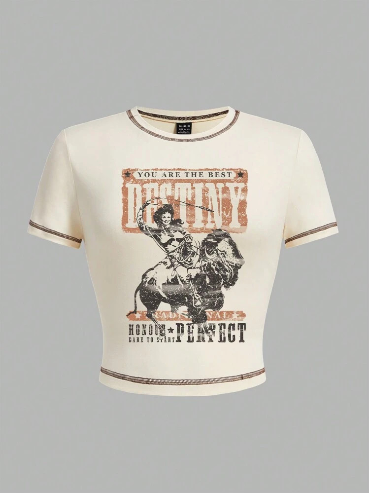 SHEIN EZwear Casual Retro Cowgirl Pattern Round Neck Short Sleeve Crop Top T-Shirt For Women, Sum... | SHEIN