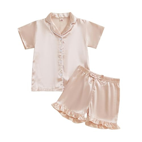Ayalinggo Toddler Kids Girl Silk Pajamas Baby Short Sleeve Button Down Satin Silk Pjs Sleepwear Loungwear Clothes Shorts Set (Light Pink Ruffle, 6-12 Months) | Amazon (US)