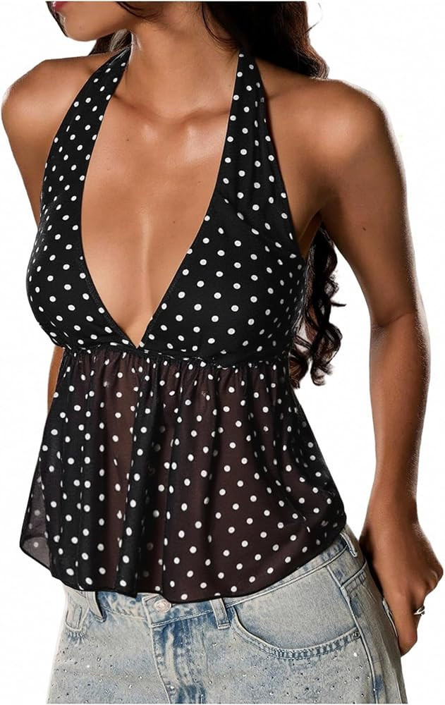 Milumia Women's Y2K Polka Dots Tie Backless Halter Top V Neck Ruffle Hem Peplum Going Out Crop Ta... | Amazon (US)