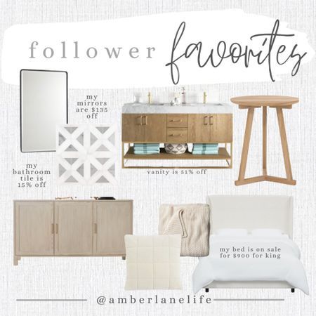 This weeks follow her favorites. Recessed medicine cabinet. Marble mosaic tile. Side table. Accent table. Double vanity. Upholstered headboard and bedframe. Sideboard. Buffay. Media cabinet. Accent pillow. Throw blanket. Neutral home decor. Neutral home furnishings. Sale alert.￼ 

#LTKhome #LTKsalealert