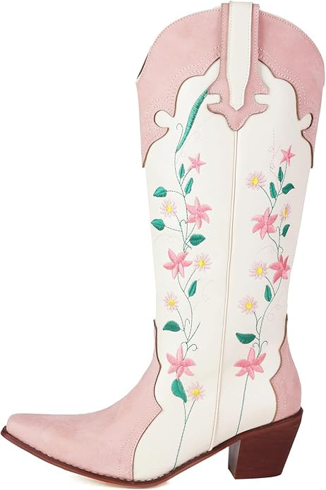 YIYA Women's Pink Floral Embroidered Western Cowboy Boots Cute Knee High Cowgirl Boots Pointed To... | Amazon (US)