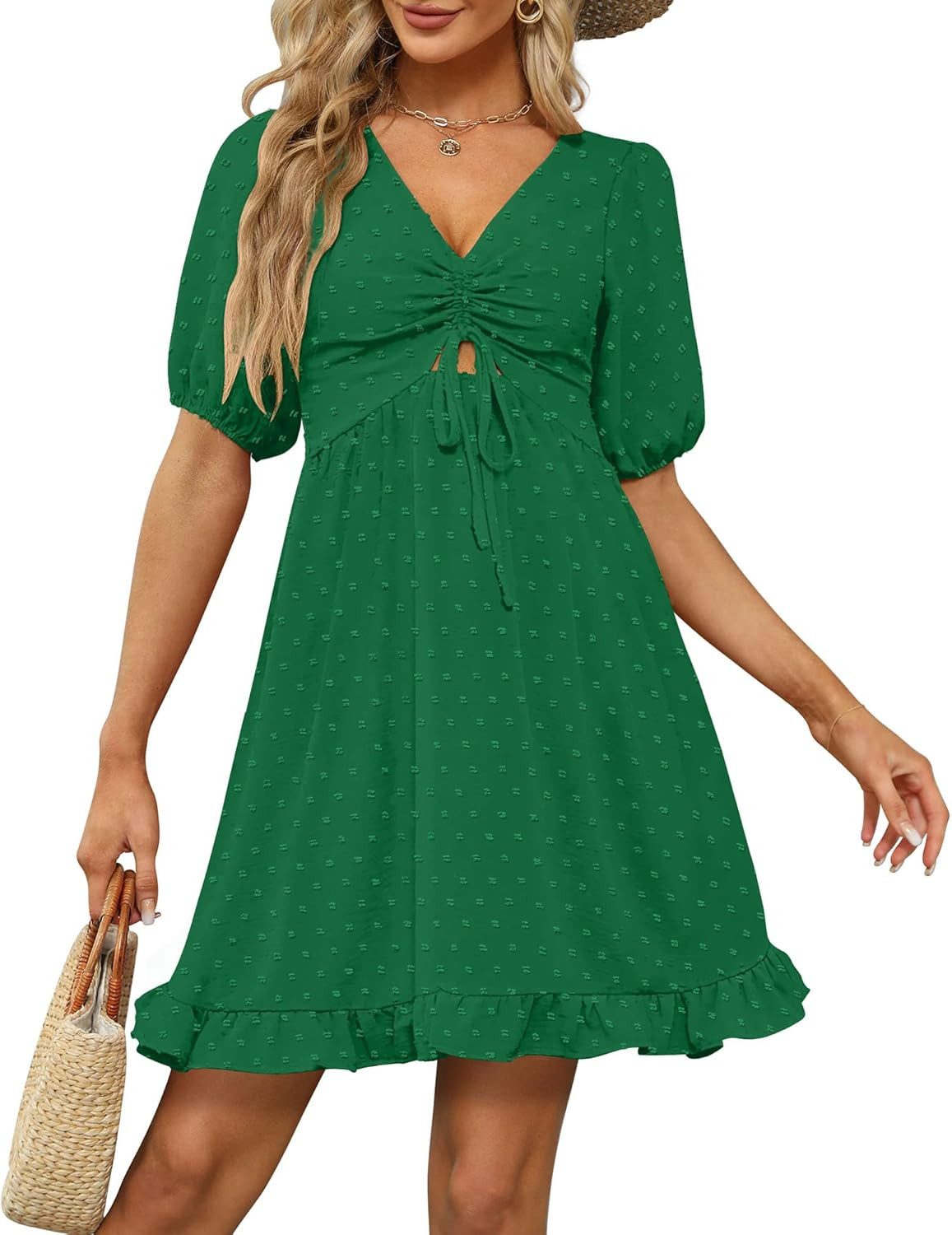 Womens 2023 Summer Smocked Dress Cutout Short Sleeve V Neck Swiss Dot Ruffle Casual Dress | Amazon (US)