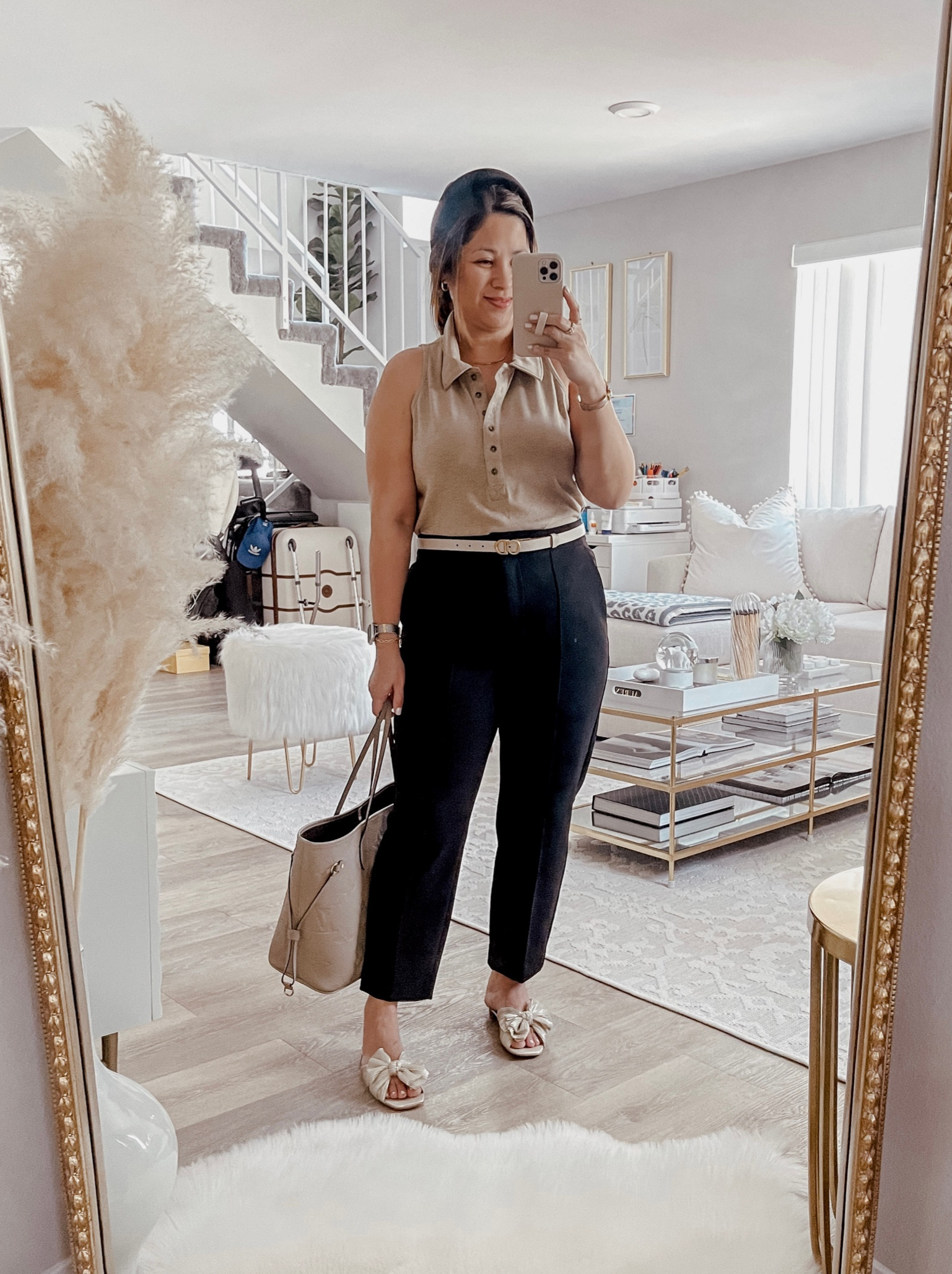 Neutral outfit 

Beige sleeveless top in medium.
Black pleated ankle pant size 12.
Loeffler Randall Daphne sandals
in Platinum tts.
Belt is Dior, but linked similar 

#LTKstyletip #LTKworkwear #LTKsalealert