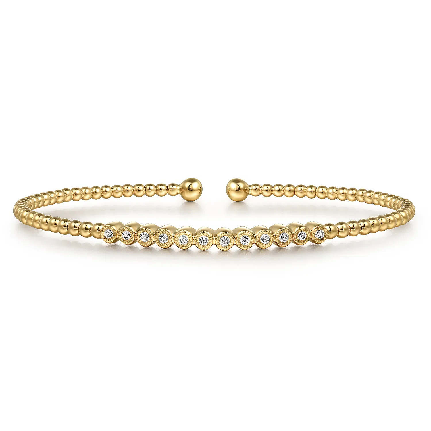 14K Yellow Gold Bujukan Bead Cuff Bracelet with Bezel Set Diamond Stations | Gabriel & Co. Fine Jewelry And Bridal