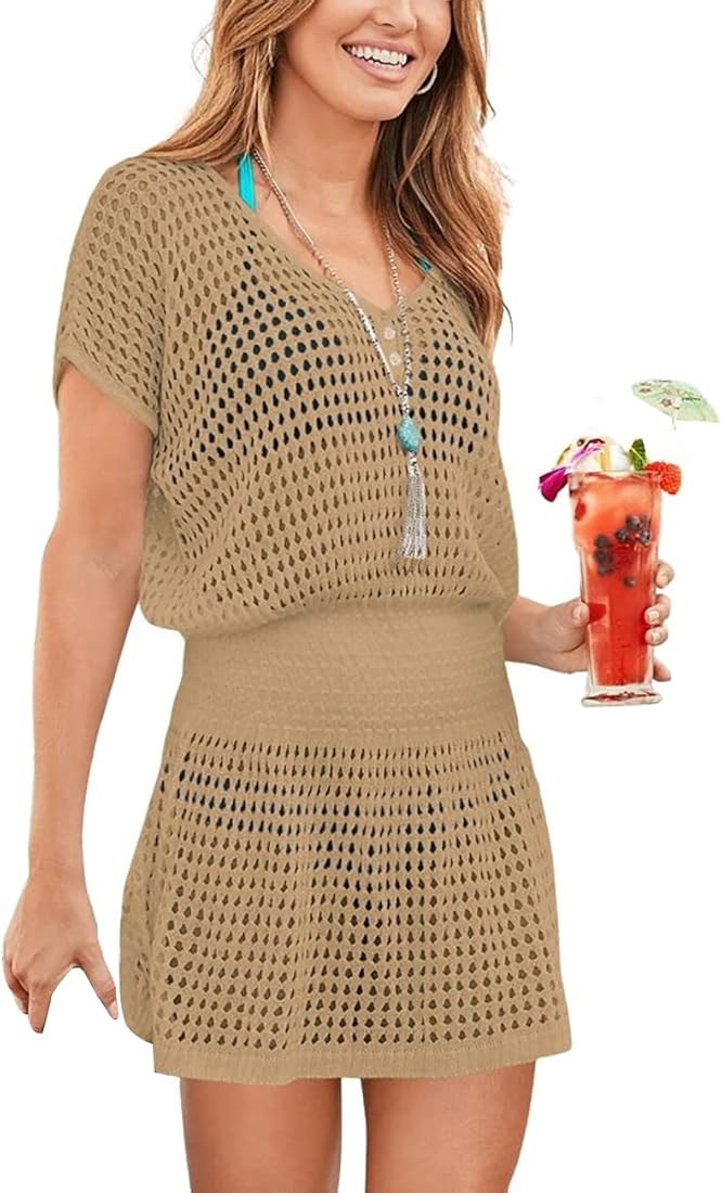 Bsubseach Women Crochet Hollow Out Swim Cover Ups Short Sleeve Beach Swimwear Tunic Dress | Amazon (US)