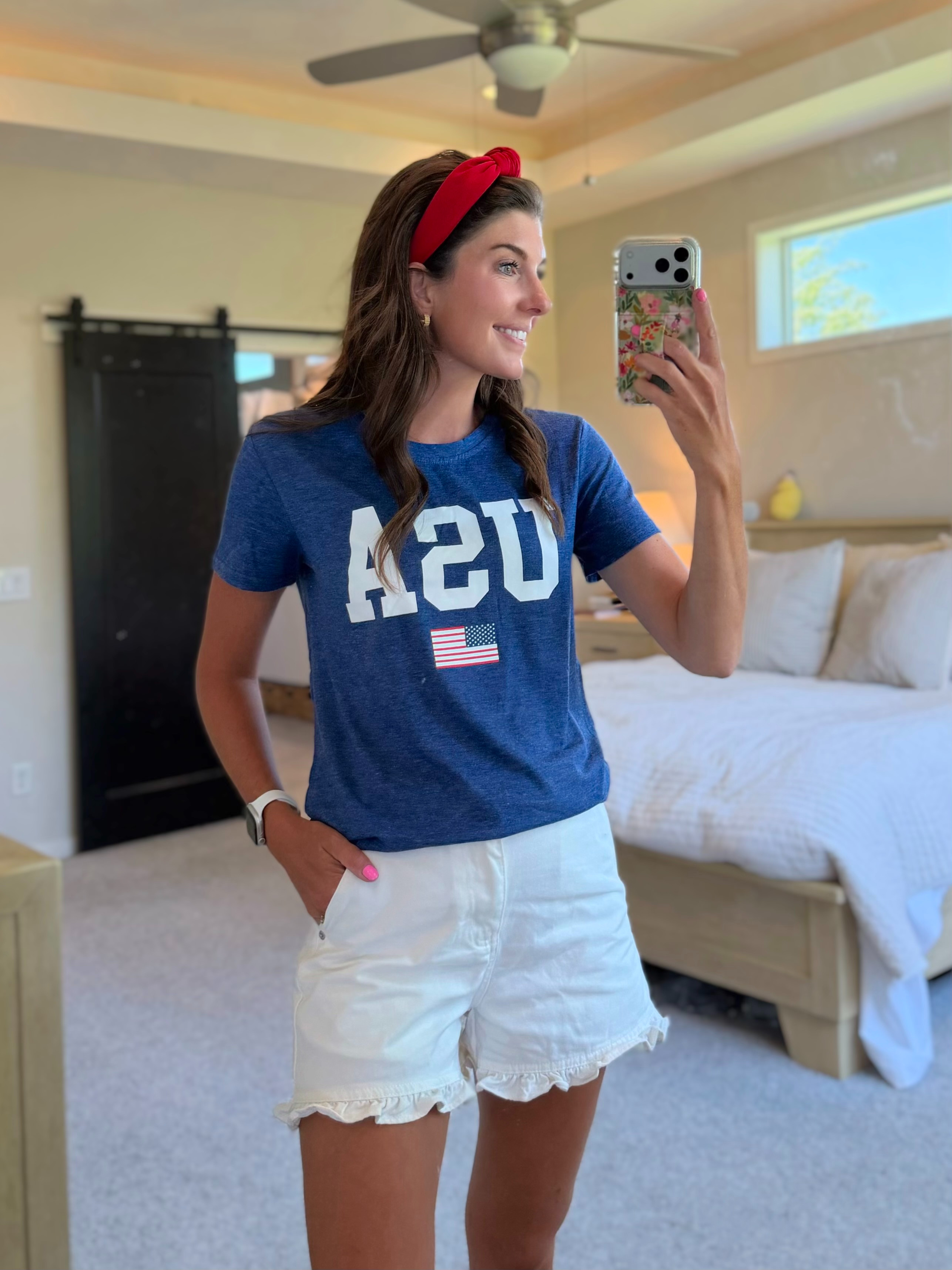 4th of July, red white + blue, mom white ruffle shorts  

 #LTKootd #LTKmomlife #LTKSeasonal