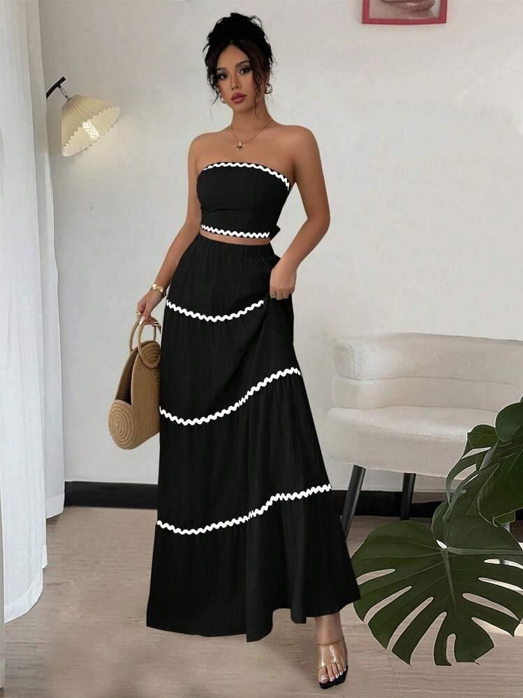 Rafferiza 2pcs/Set Women Elegant Spliced Ribbon Bandeau Top And Mini Skirt Set | SHEIN