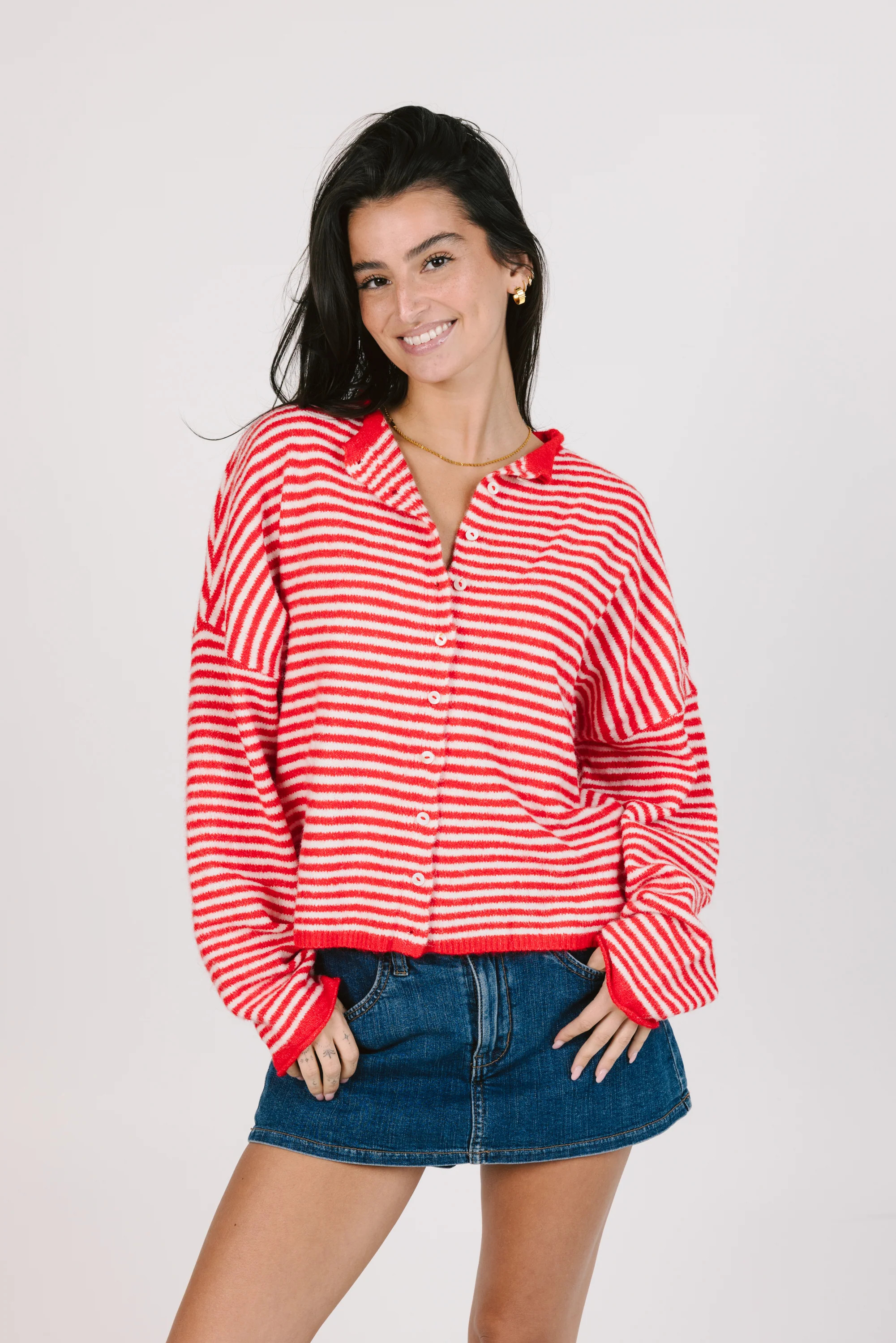 Phoebe Cardigan in Red/White Stripe | Grey Bandit