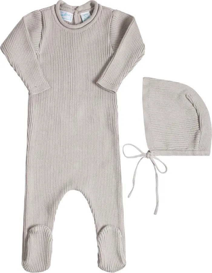 Rolled Collar Rib Knit Footie & Bonnet Set | Nordstrom