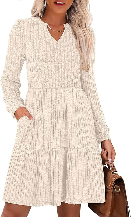 ANRABESS Long Sleeve Dress for Women Fall Fashion Outfits 2025 Casual V Neck Rib Knit Babydoll Sw... | Amazon (US)