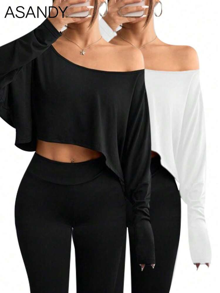2pcs Women Off Shoulder T-Shirts, Loose Casual Tops, Everyday & Homewear Set, Autumn/Winter Spring | SHEIN