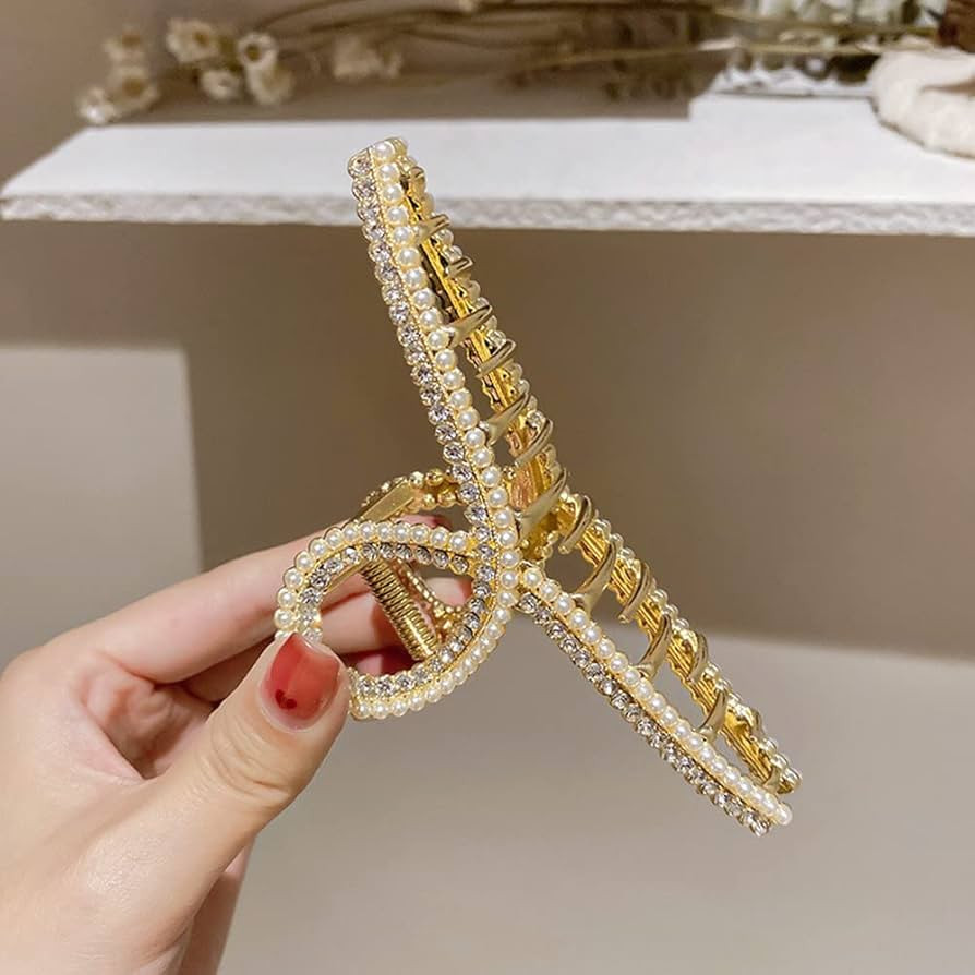 White and Gold Pearl Metal Rhinestone Hair Claw Clips - Large Non-slip Luxury Jaw Clamp Barrettes... | Amazon (US)