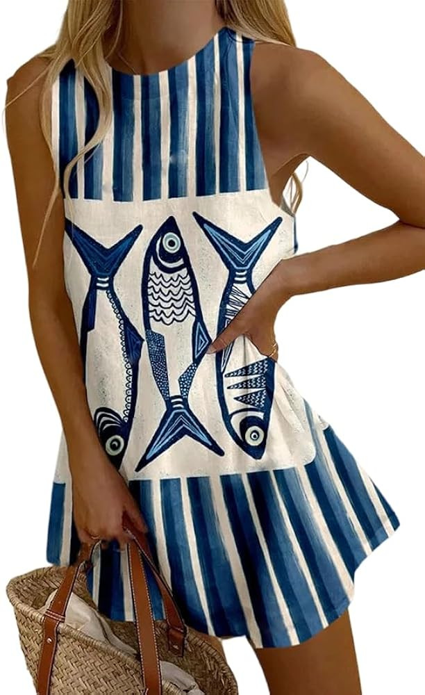 Women's Sleeveless Printed Mini Dress Loose Fit Crew Neck Sundress for Casual Summer Beach Vacati... | Amazon (US)