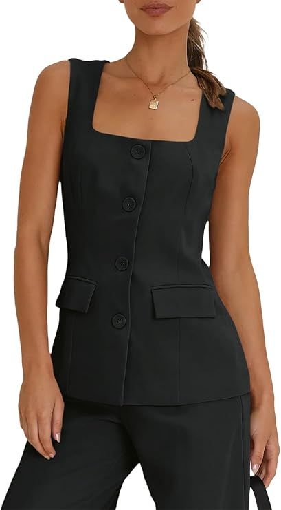 Tankaneo Women's Single Breasted Vests Square Neck Sleeveless Slim Fitted Work Office Waistcoats | Amazon (US)