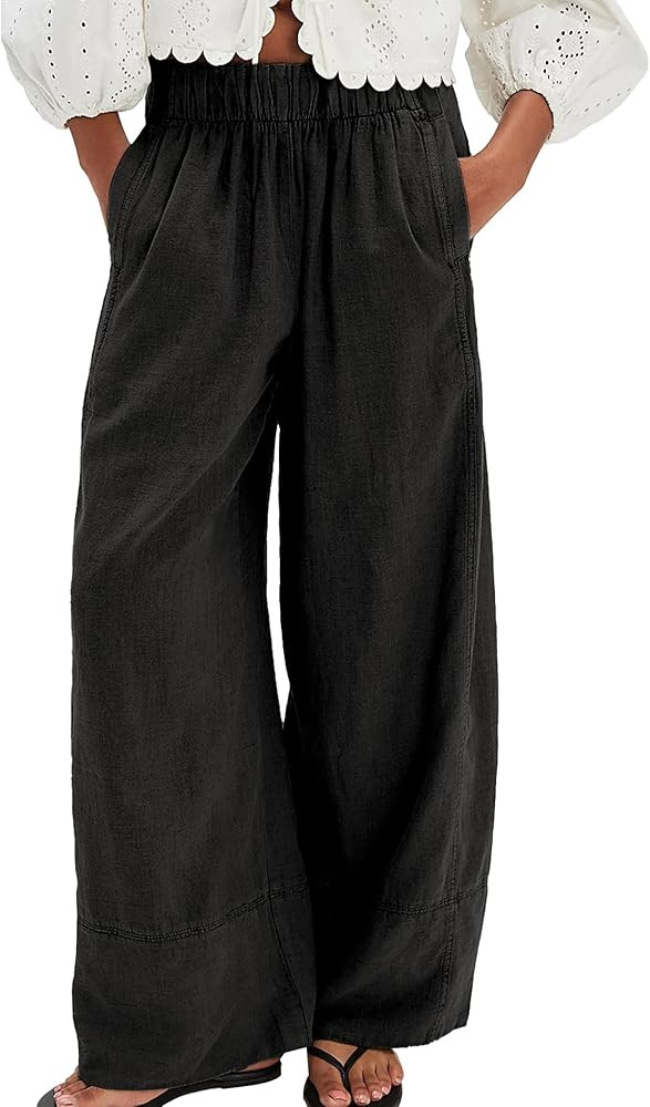 Linen Pants for Women Cotton Baggy Boho Casual Palazzo Pants Wide Leg Long Lounge Trousers with P... | Amazon (US)