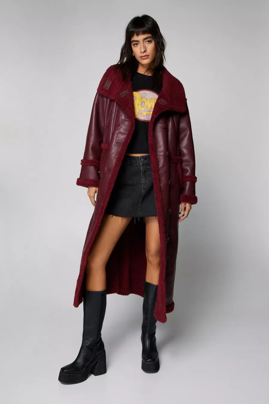 Longline Faux Leather Bonded Aviator Coat | Nasty Gal US