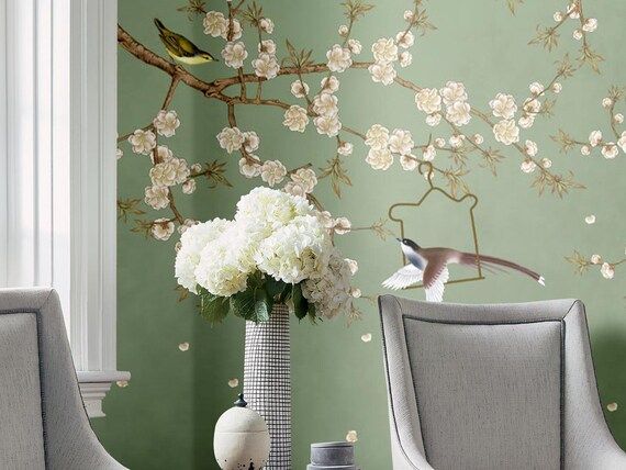 Nauzha chinoiserie wallpaper - vintage bird wallpaper - chinoiserie removable wallpaper - chinois... | Etsy (US)