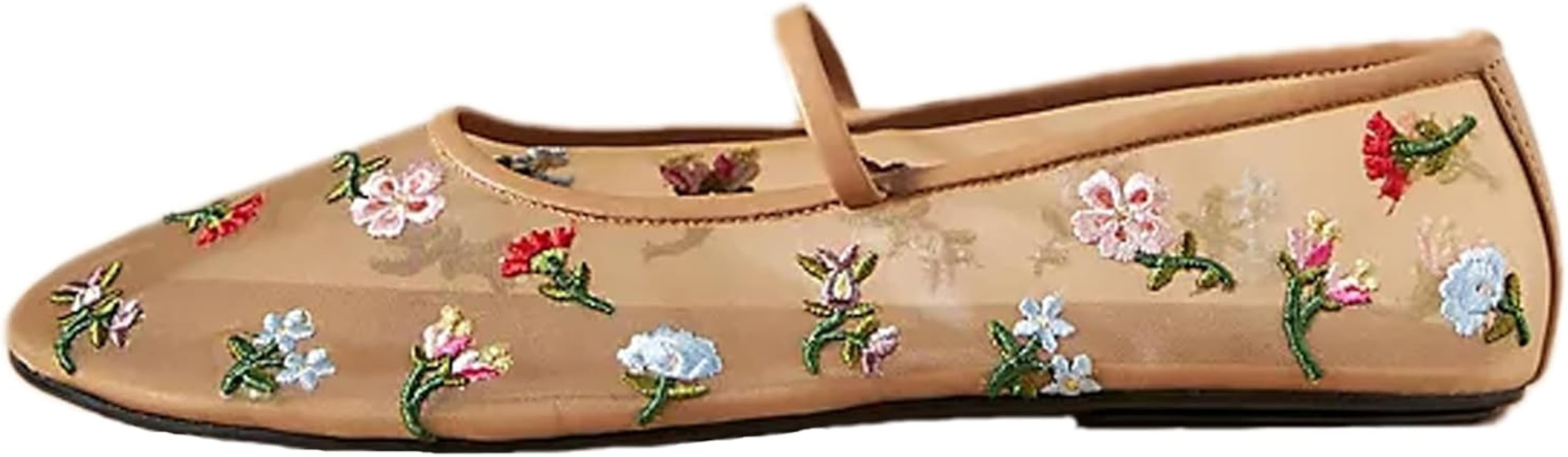 DOEYG Floral Embroidered Mesh Ballet Flats for Women Tulle Comfortable Ballerina Shoes Casual Squ... | Amazon (US)