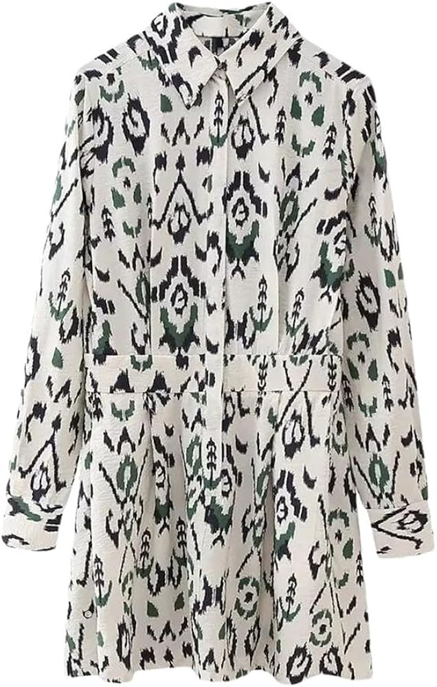 Women's Spring Polo Collar Long Sleeve Waist Wrap Print Short Skirt Slim Fit Mini Dress | Amazon (US)