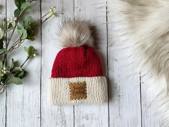 Santa Baby knit beanie with fur pom| Christmas baby hat| Santa baby hat| Baby’s first Christmas... | Etsy (US)
