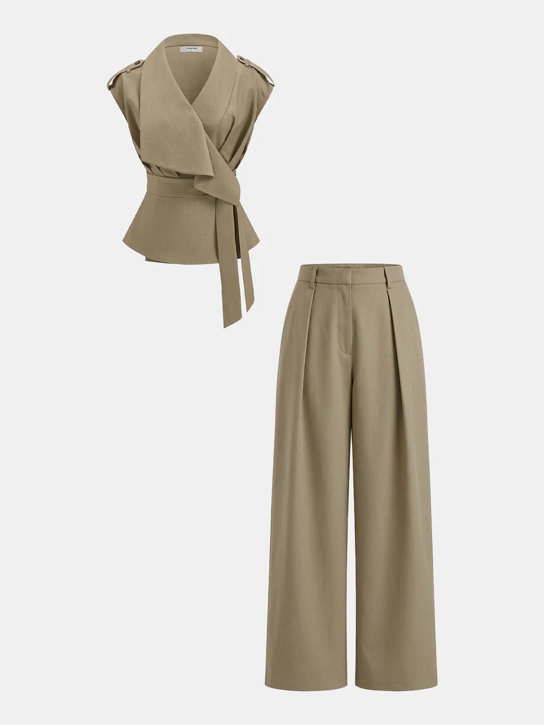 Wrap Front Fitted Top & Pleated Pants Set | Commense