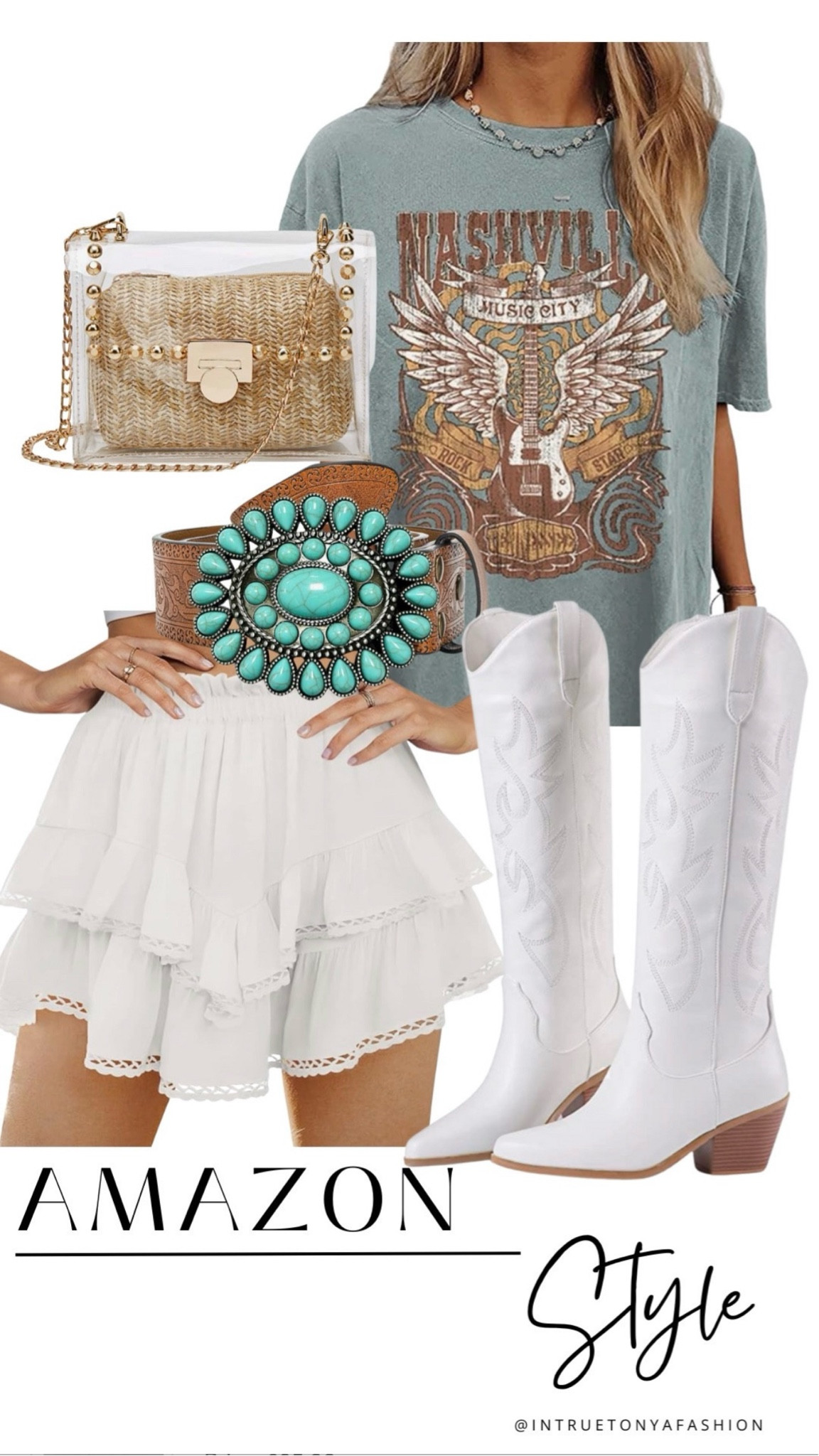 Country concert outfit from amazon — Nashville graphic tee, white boho skort belt, and white cowboy boots





Nashville outfits, western outfit, festival outfit, western boots, western boho outfit, amazon outfits 2026, concert outfit ideas, summer outfit amazon, Amazon outfit ideas, summer concert outfit, summer festival, rodeo outfit

#LTKSaleAlert #LTKPetite