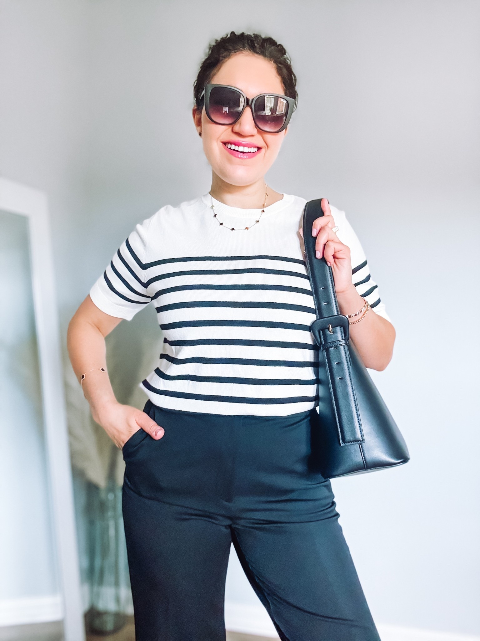 Workwear, office outfit, business casual, spring workwear, striped top, black pants, black trousers, black bag, sunglasses, black pumps 

#LTKWorkwear #LTKStyleTip