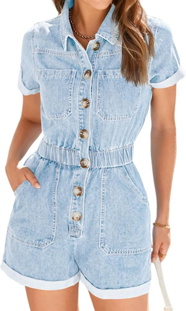 Cicy Bell Women's Short Sleeve Denim Rompers Cotton Utility Button Up Elastic Waist Short Jumpsui... | Amazon (US)