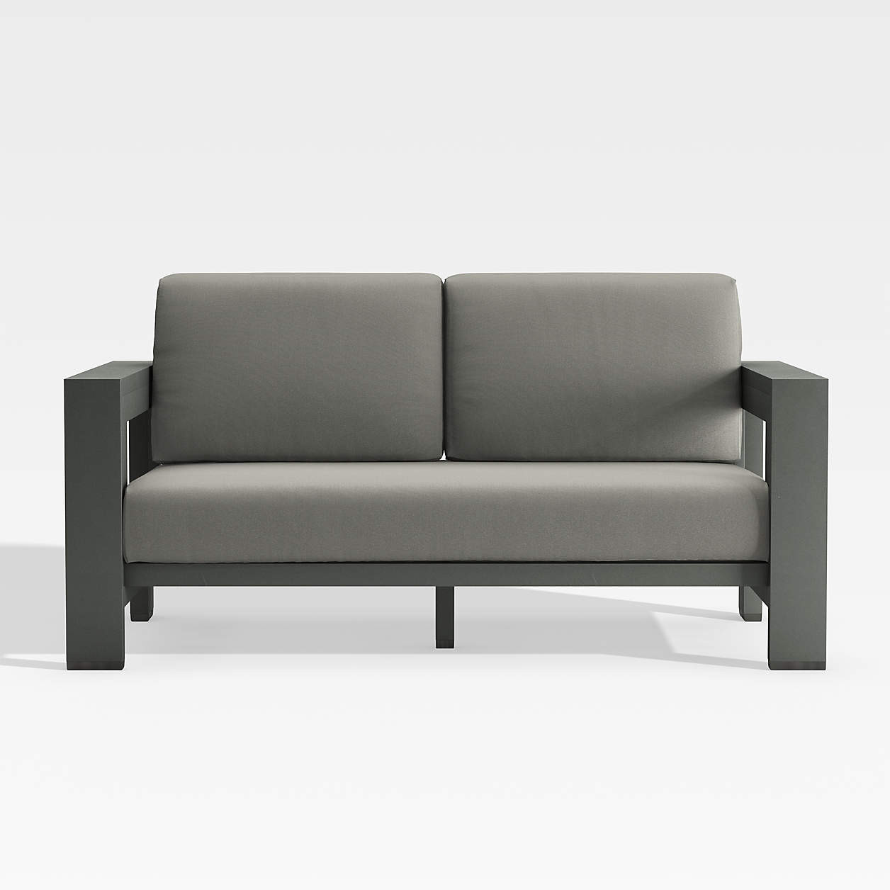 Walker Metal Outdoor Patio Loveseat with Graphite Sunbrella Cushions + Reviews | Crate & Barrel | Crate & Barrel