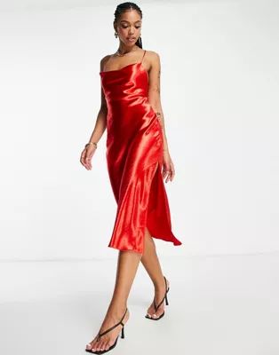 ASOS DESIGN cami midi slip dress in high shine satin with lace-up back in red | ASOS (Global)