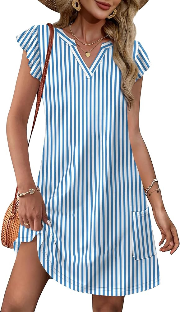 OFEEFAN Spring Summer Dresses for Women 2026 Casual Ruffle Sleeve V Neck Loose Swing Sundresses with Pockets Plain/Print | Amazon (US)