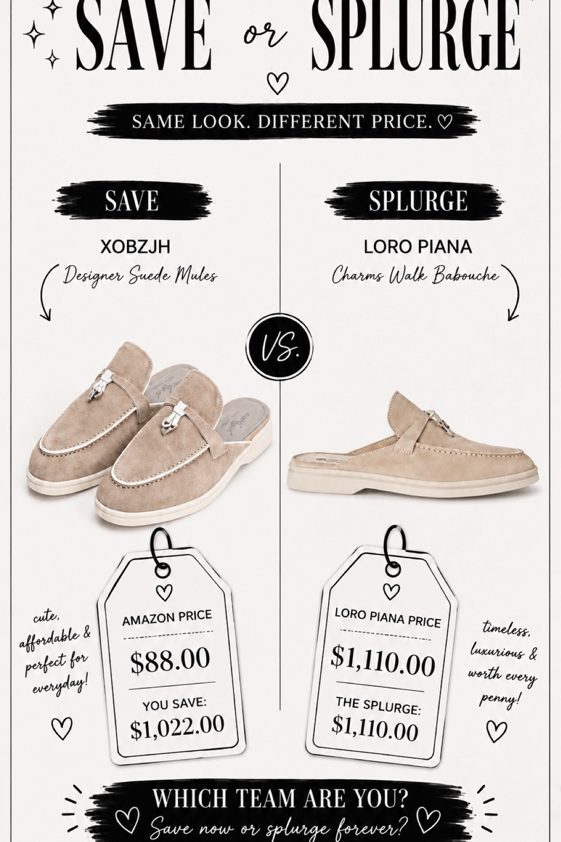 Save or splurge? 🤎✨

These suede mule loafers are giving effortless “quiet luxury” energy and now I genuinely can’t decide if the designer version is worth the extra $$$. 👀

The Amazon pair is comfy, chic, and honestly looks way more expensive than it is. But the Loro Piana version? That soft neutral suede and timeless silhouette is the kind of luxury that whispers instead of screams. ☁️

One is under $100.
One is over $1,100.
And somehow they’re both serving rich mom at the airport energy. ✈️

So tell me…
Are you team SAVE or team SPLURGE? ⬇️

#saveorsplurge #loropiana #luxurydupe #designerinspired #amazonfashionfinds #quietluxury #oldmoneystyle #fashionfinds #mules #loaferstyle #luxuryfashion #affordablefashion #capsulewardrobe #neutralstyle #effortlessstyle #fashionreels #ootd #everydayluxury #styleinspo #trendingfashi

#LTKgrwm #LTKSaleAlert #LTKSeasonal