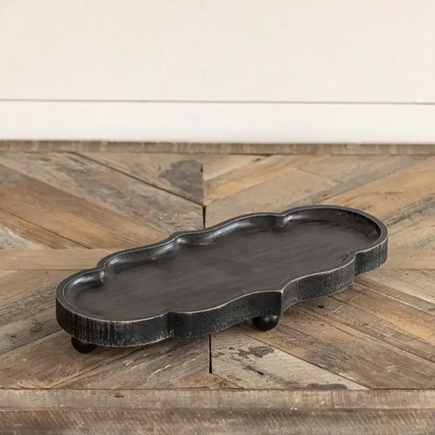 Scalloped Black Wood Centerpiece Tray | Antique Farm House