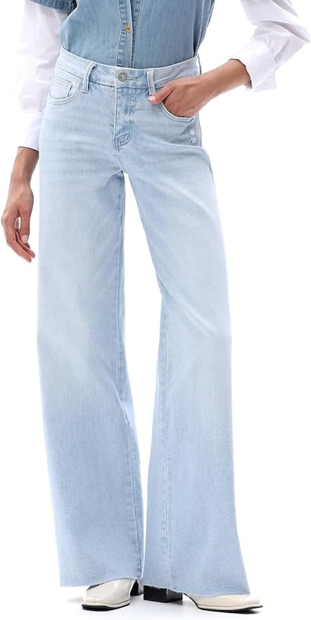 ONESO Wide Leg Jeans for Women Mid Rise High Stretchy Baggy Jeans Distressed Pants Loose Denim | Amazon (US)