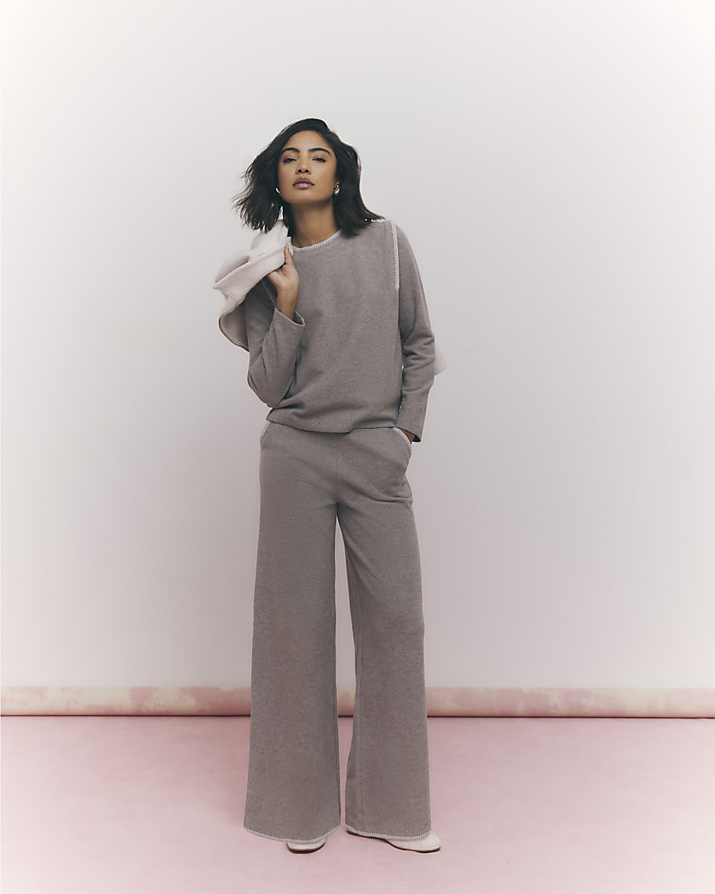 Brown Long Sleeve Whipstitch Sweatshirt | River Island UK & IE