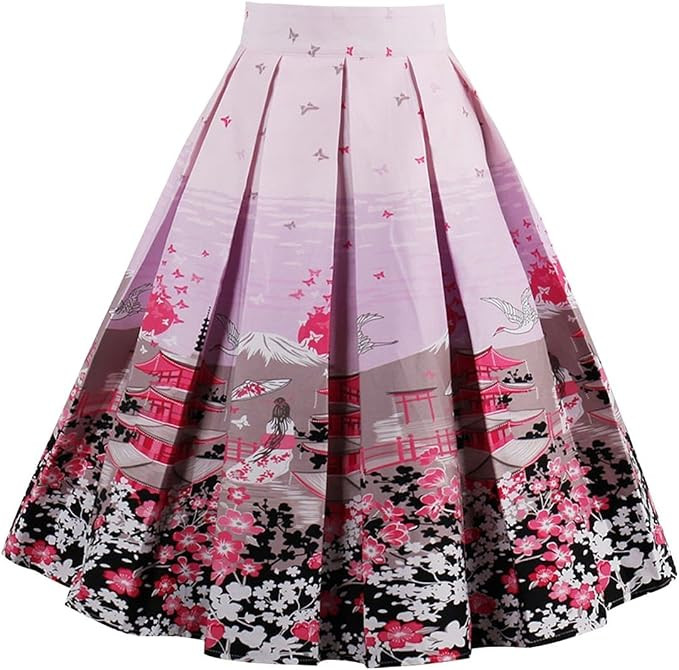 OBBUE Dresstore Vintage Pleated Skirt Floral A-line Printed Midi Skirts with Pockets | Amazon (US)