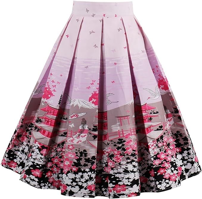 OBBUE Dresstore Vintage Pleated Skirt Floral A-line Printed Midi Skirts with Pockets | Amazon (US)