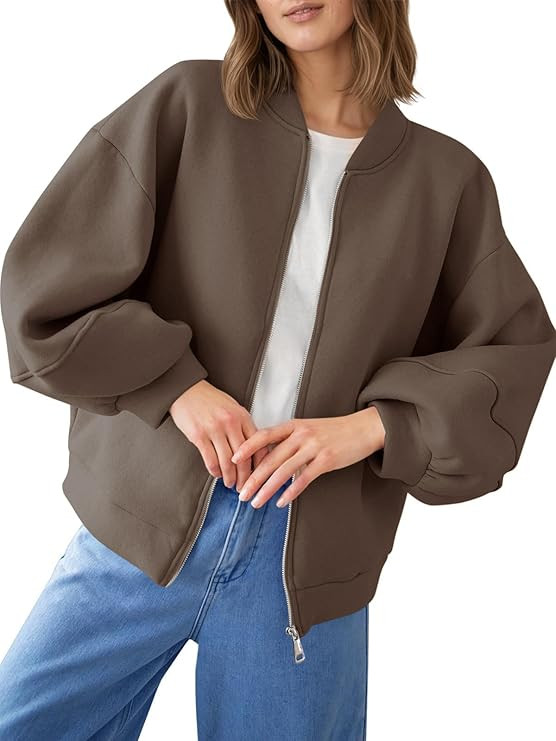 Fisoew Womens Zip Up Sweatshirt Casual Bomber Jacket Lantern Sleeve Oversized Jacket Fall Outfits... | Amazon (US)
