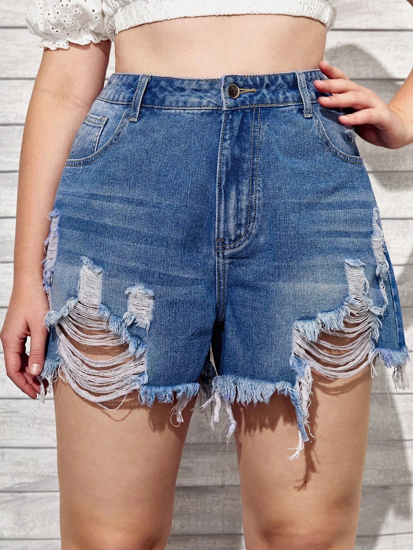 Plus Ripped Distressed Denim Shorts | SHEIN