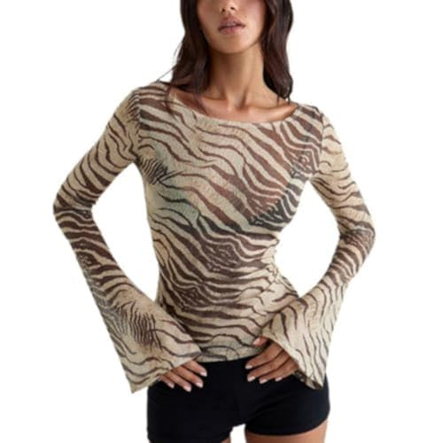 Umhje Animal Print Tops for Women Zebra Print Long Sleeve Going Out Tops (Medium,Beige) | Amazon (US)