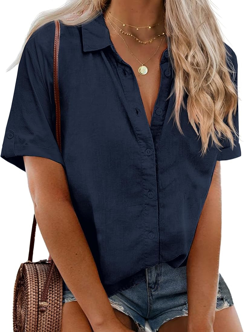 IN'VOLAND Womens Plus Size Linen Button Down Shirts Short Sleeve Cotton Casual Collared Shirt V N... | Amazon (US)